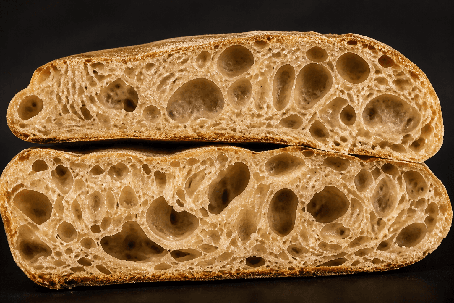 Luftige Biga-Brotkrume mit großen Fermentationsporen