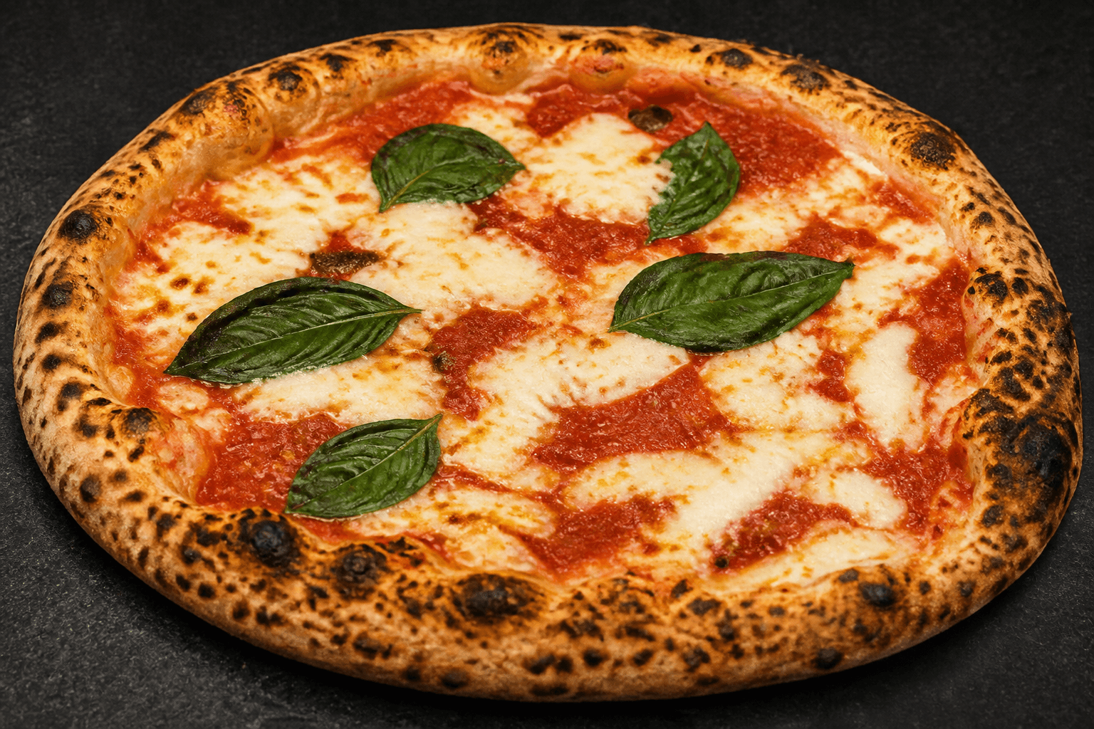 Moderne neapolitanische Pizza mit Tomaten, Mozzarella und Basilikum