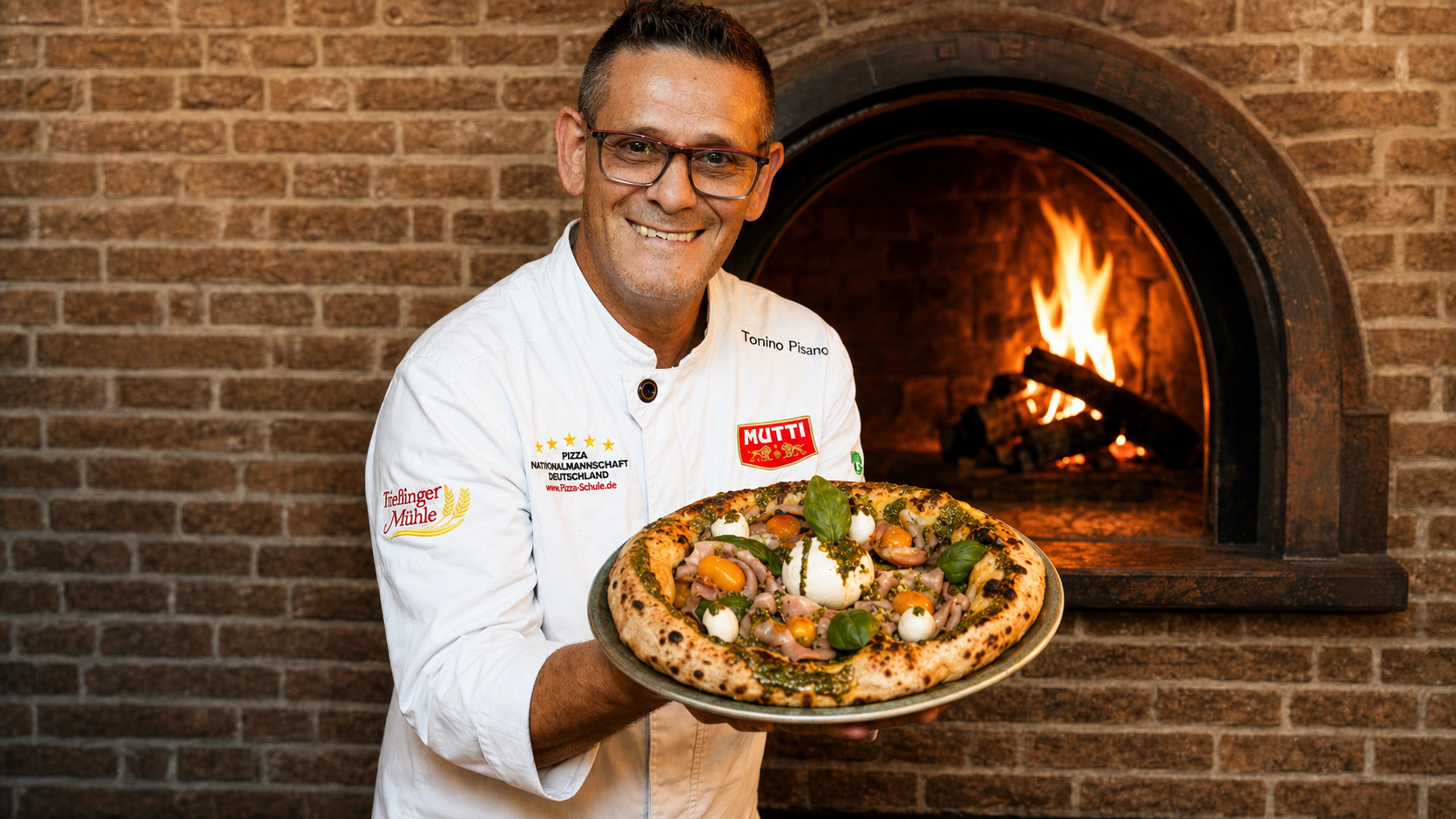 Tonino Pisano vor dem Pizzaofen mit einer Pizza
